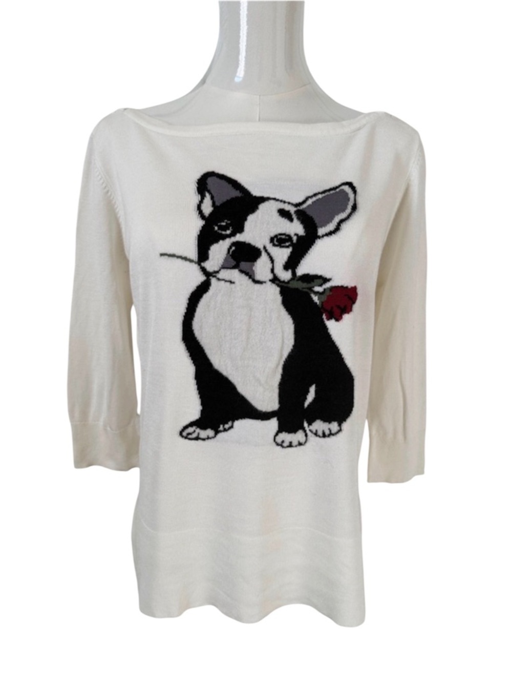 White House Black Market French Bulldog With Rose Lightweight Sweater Size M